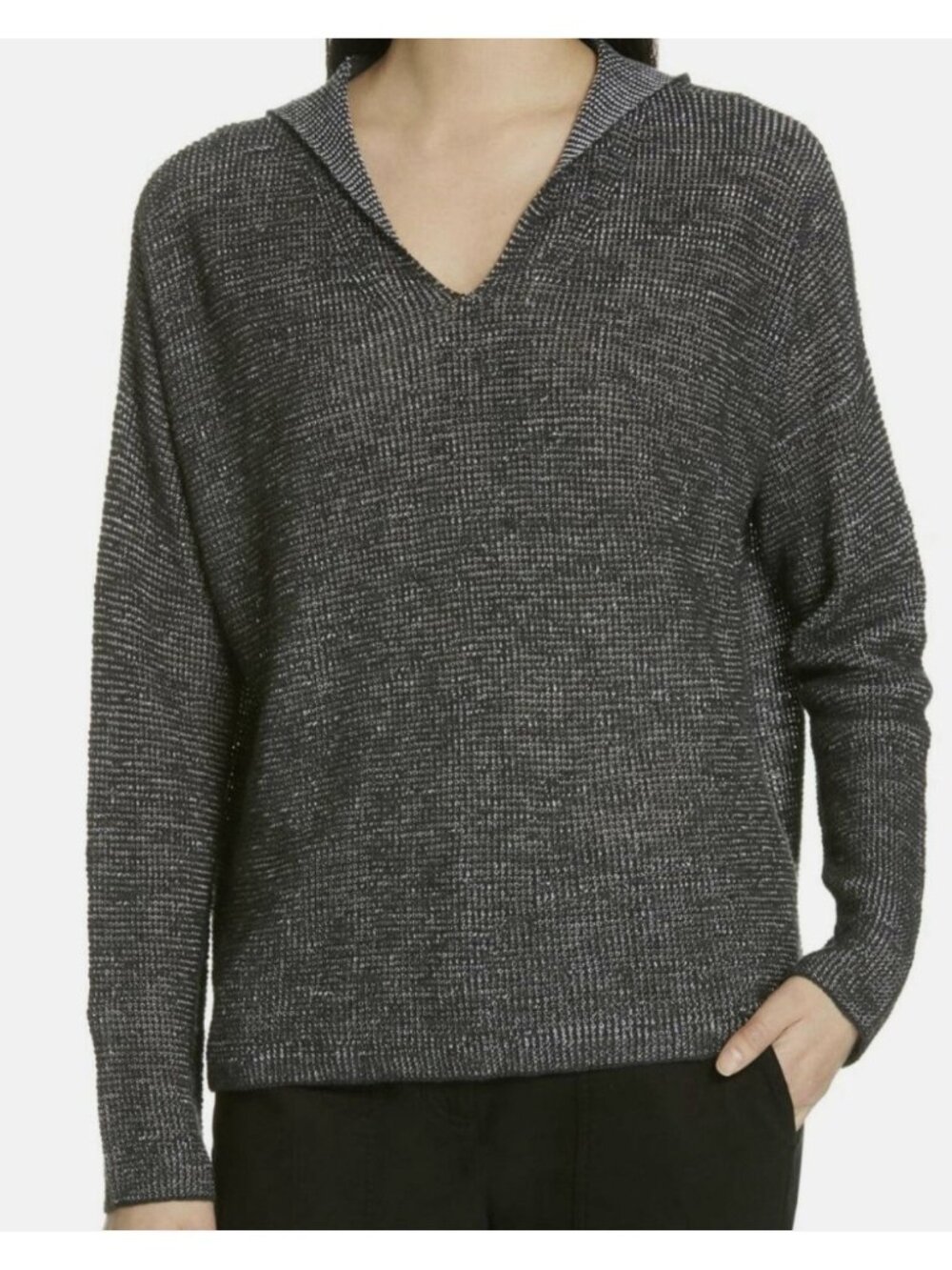 Eileen Fisher Charcoal Organic Linen/Cotton Slub Hooded Box-Top Sz M Lightweight